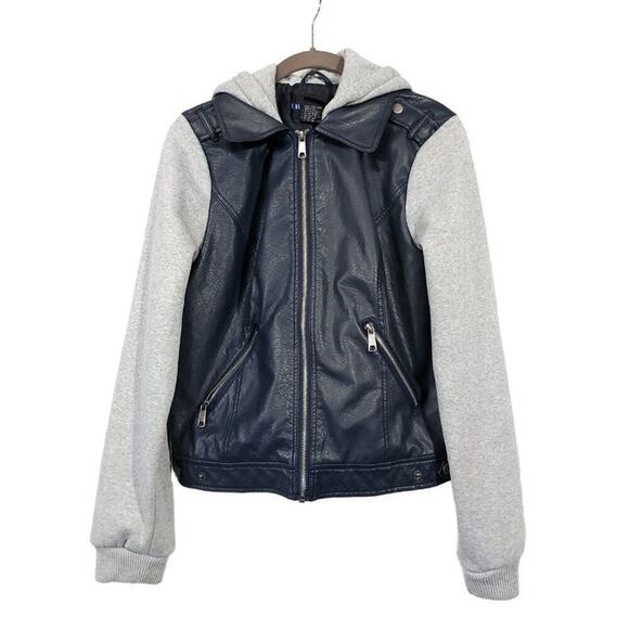 Ib Diffusion Faux Leather Jacket Juniors Size Medium Navy Knit - Picture 1 of 10